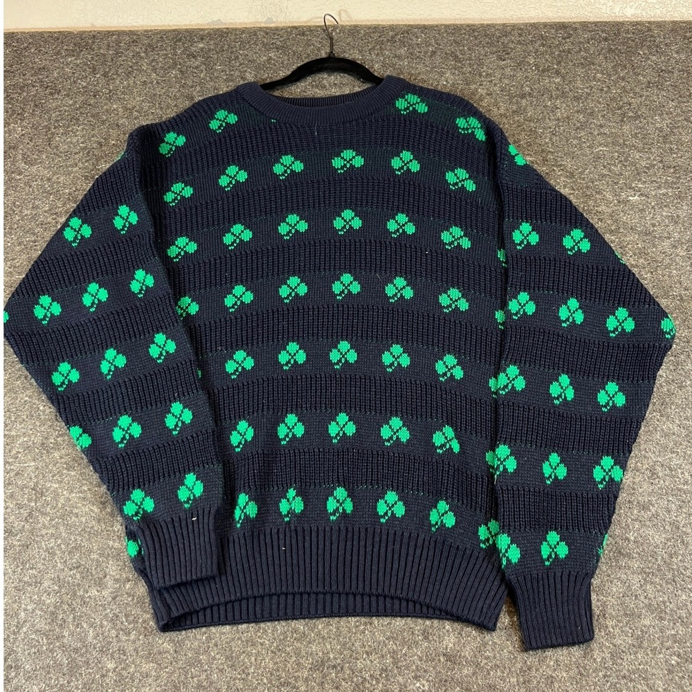VTG 80s Quills Woollen Market Sweater Mens M Blue Shamrock Ireland Hand Crafted